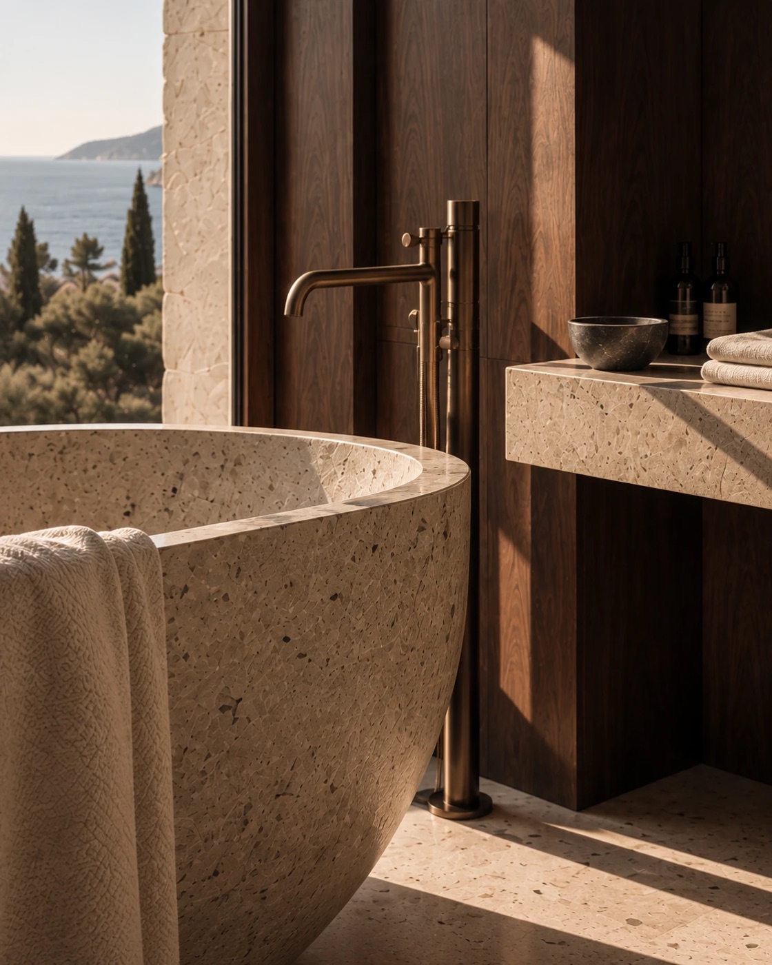 A stone bath framed by the sea view
