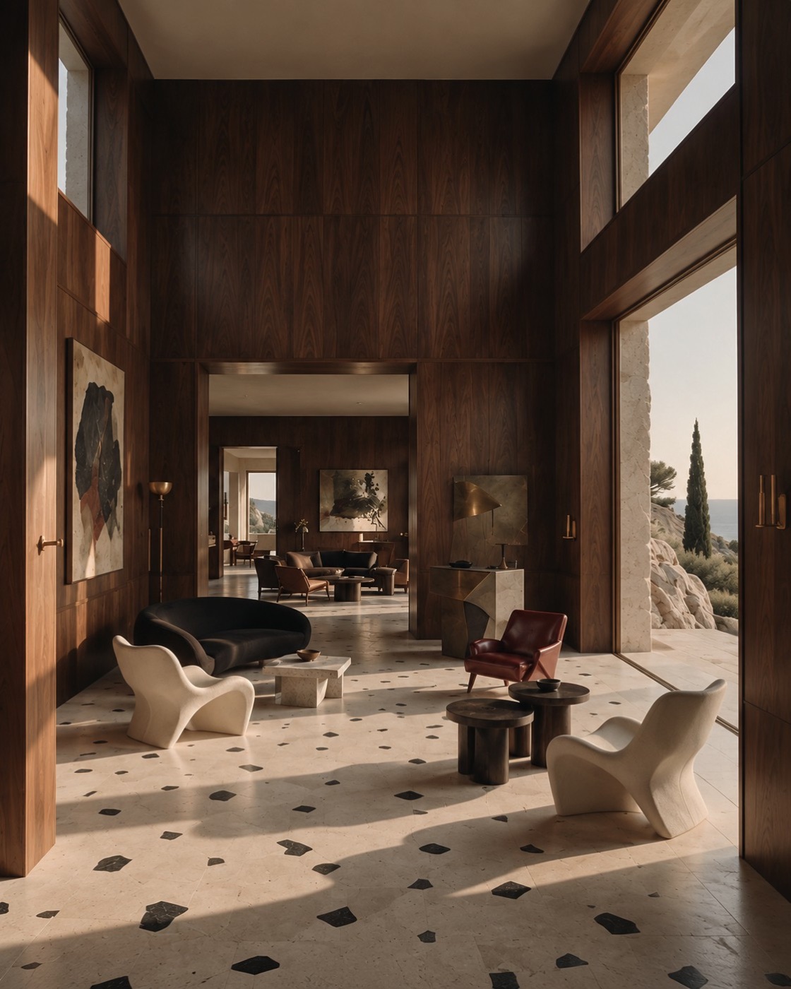 The villa lounge in walnut and travertine, opening to the sea