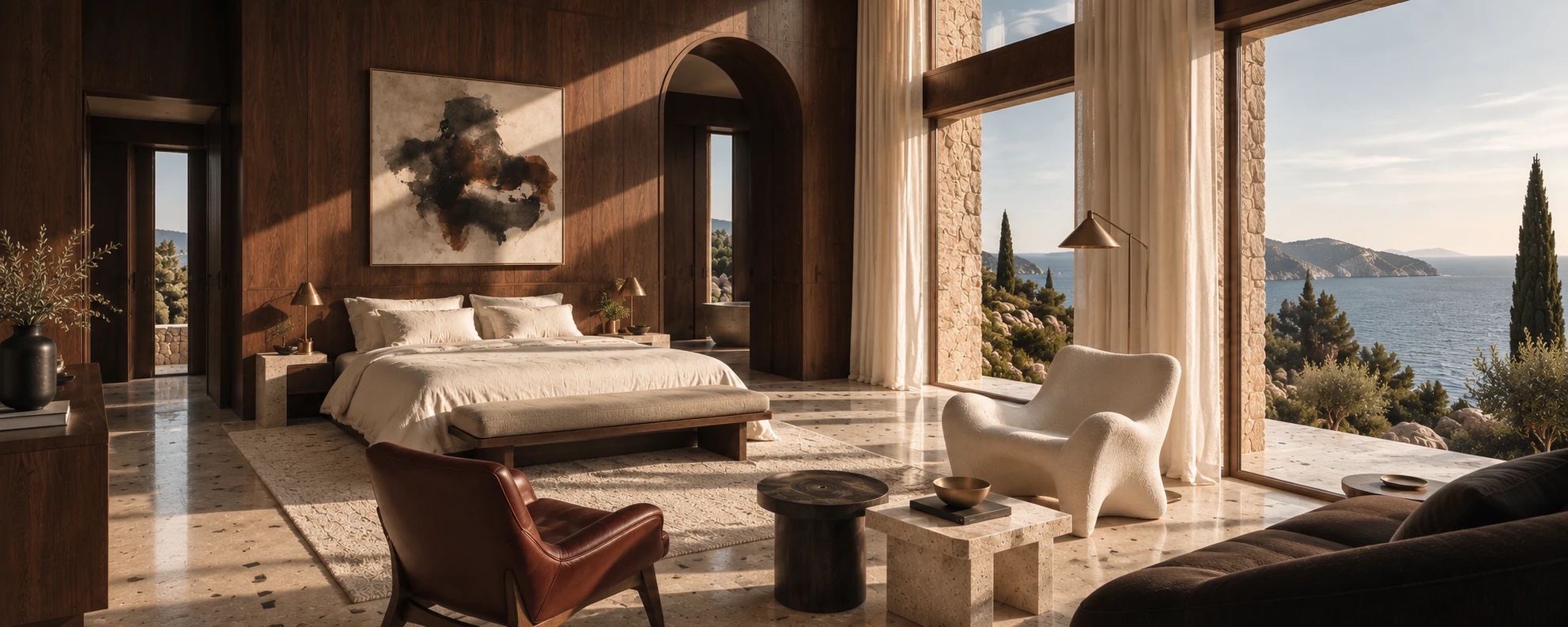 The villa's master bedroom opening to the sea