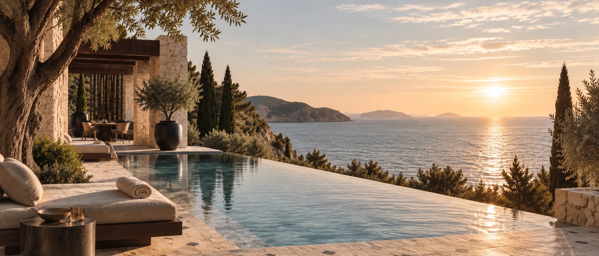 The villa's infinity pool at sunset, above the sea
